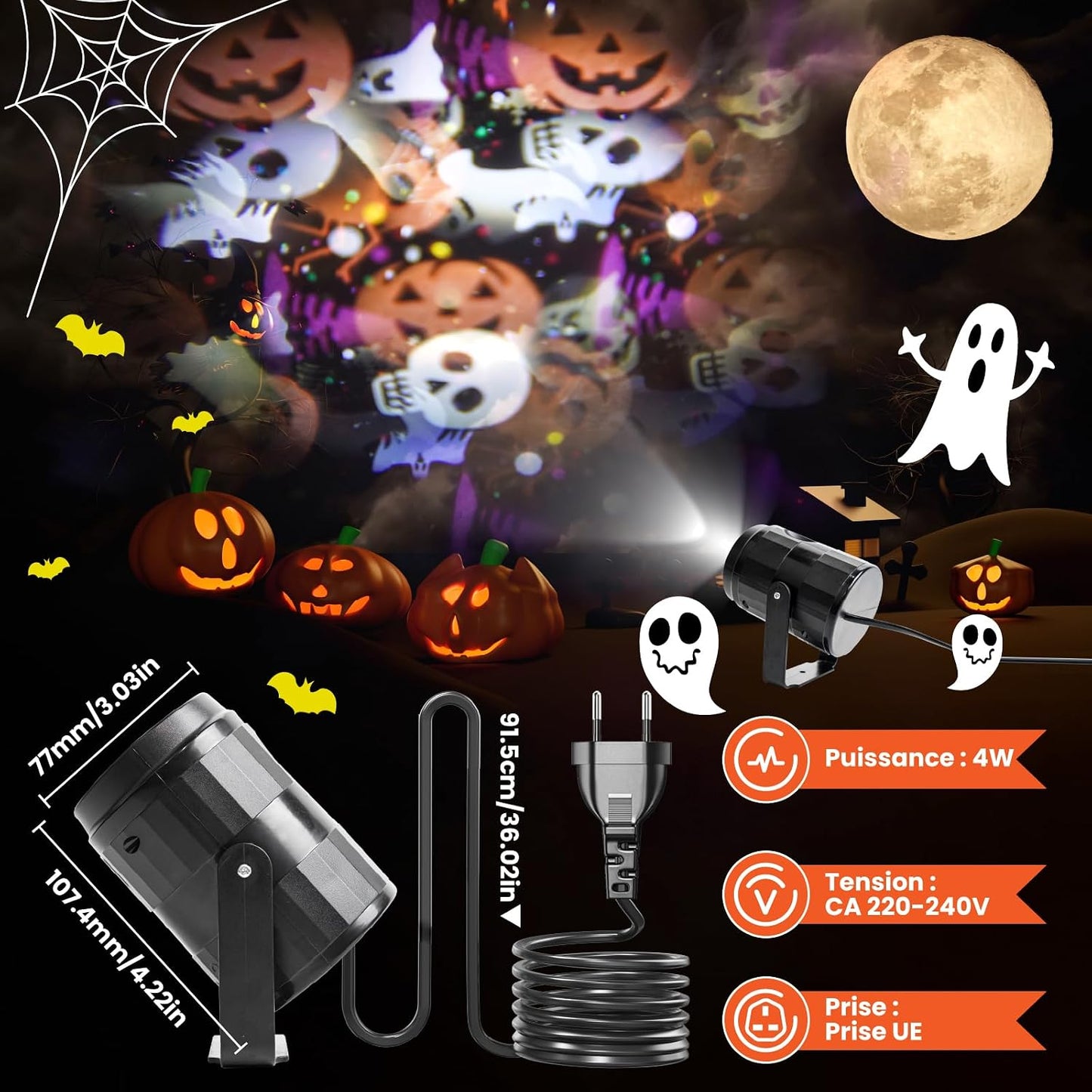 Projeteur Halloween Interieur LED, Avec 16 Fantômes Dynamiques Decoration Halloween Intérieur Animée Pour Fête Et Fenêtre Avec Prise UE