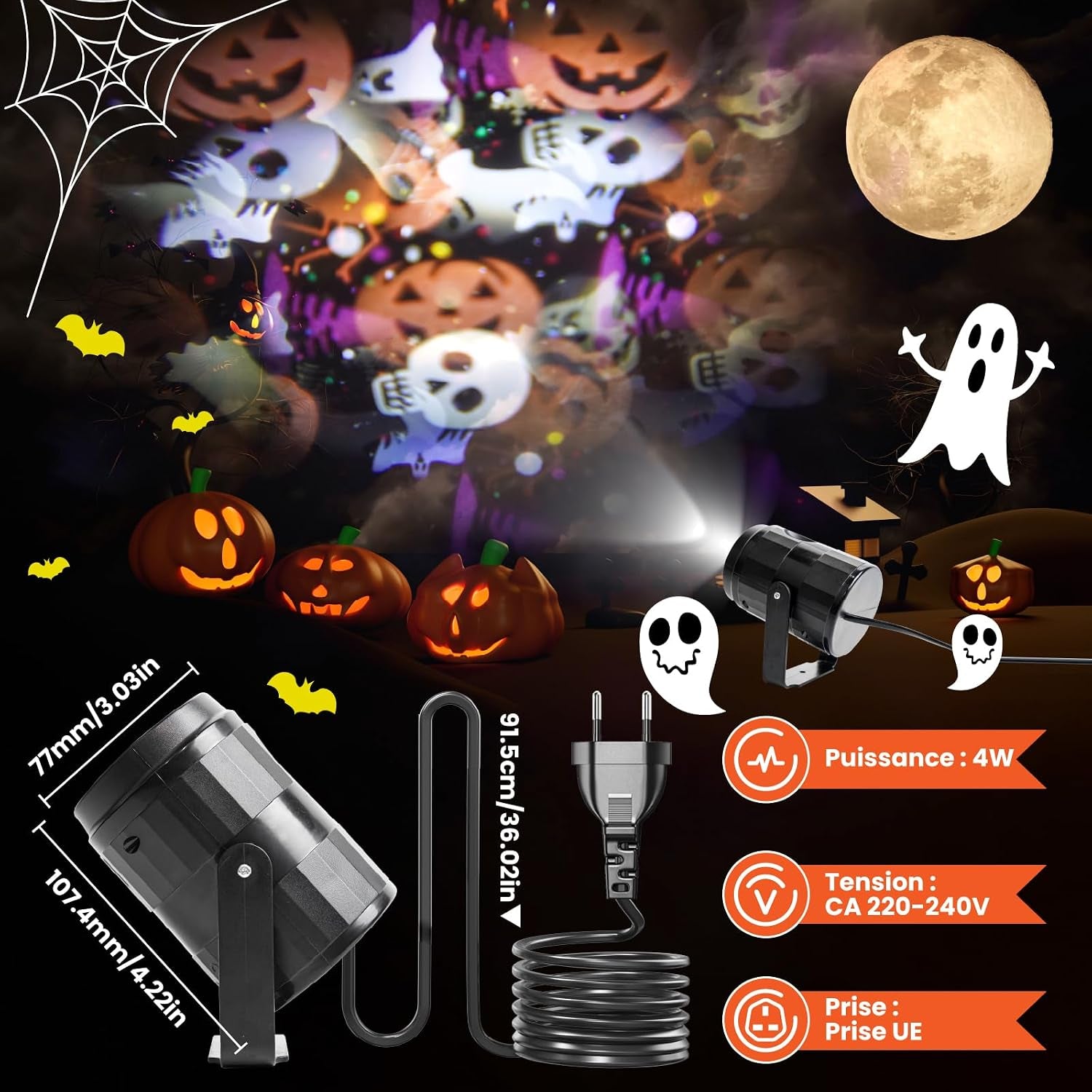 Projeteur Halloween Interieur LED, Avec 16 Fantômes Dynamiques Decoration Halloween Intérieur Animée Pour Fête Et Fenêtre Avec Prise UE