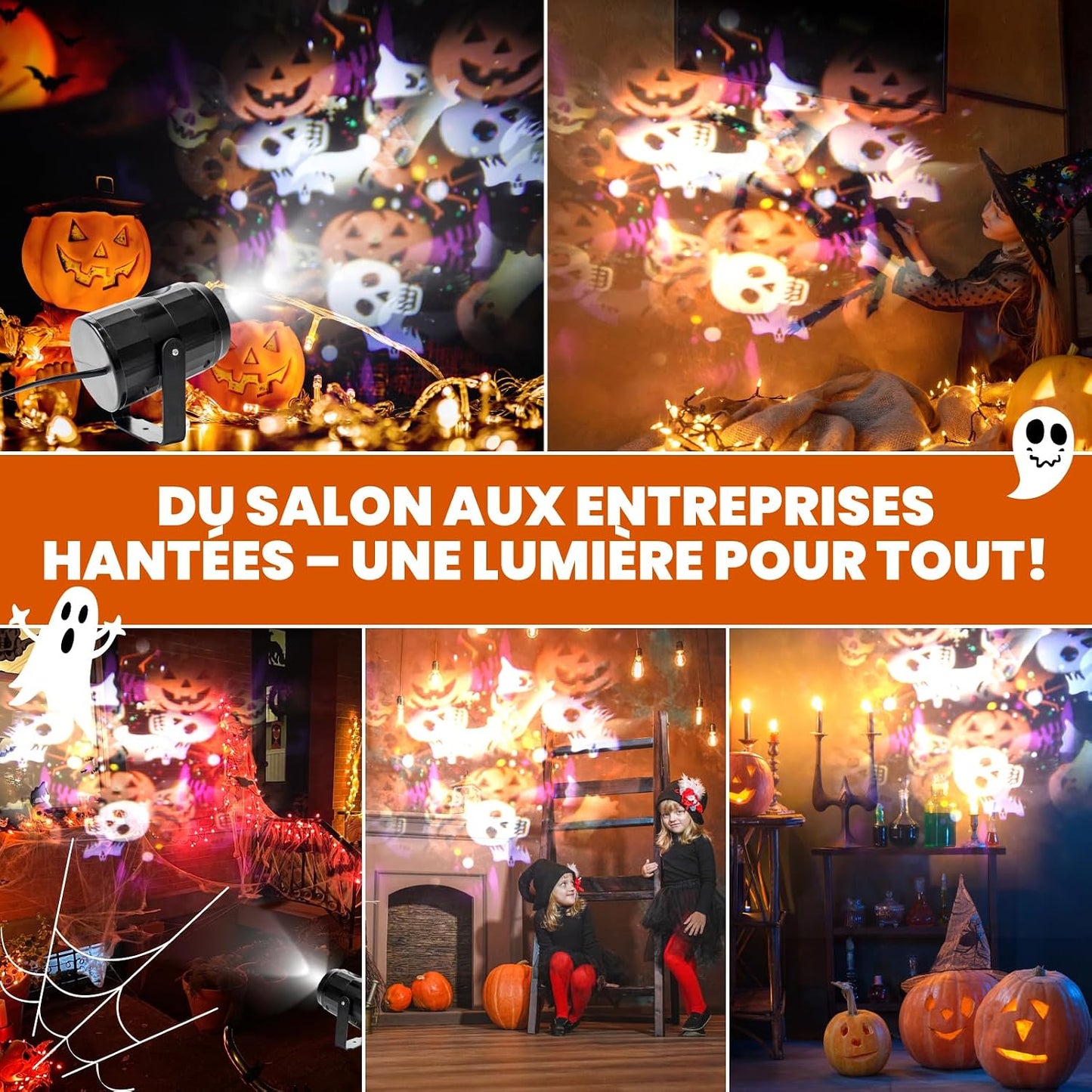 Projeteur Halloween Interieur LED, Avec 16 Fantômes Dynamiques Decoration Halloween Intérieur Animée Pour Fête Et Fenêtre Avec Prise UE