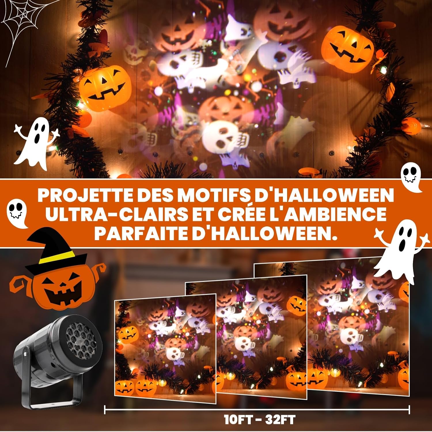 Projeteur Halloween Interieur LED, Avec 16 Fantômes Dynamiques Decoration Halloween Intérieur Animée Pour Fête Et Fenêtre Avec Prise UE